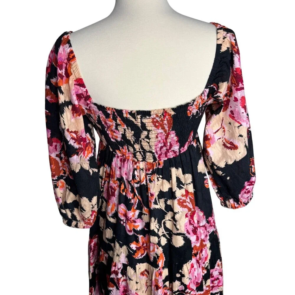 Anthropologie 100% Cotton Boho‎ Black Floral Pink Maxi Dress Balloon Sleeve
